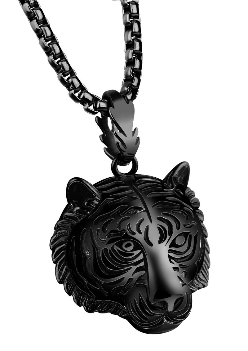 PAMTIER Men's Stainless Steel Solid Tiger Head Pendant Chain Necklace Black - Image 1